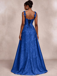 Light Blue 3D Floral Jacquard Prom Dress with Detachable Overskirt Corset Gown