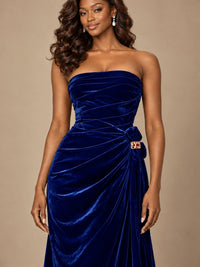 Burgundy Velvet Strapless Ruched Prom Dress with Jeweled Side Drape