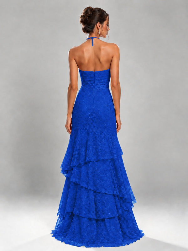 Halter Tiered Mermaid Prom Dress with Sparkly Lace
