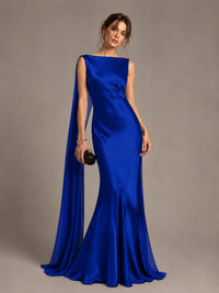 Burgundy Satin Mermaid Cape Maxi Dress