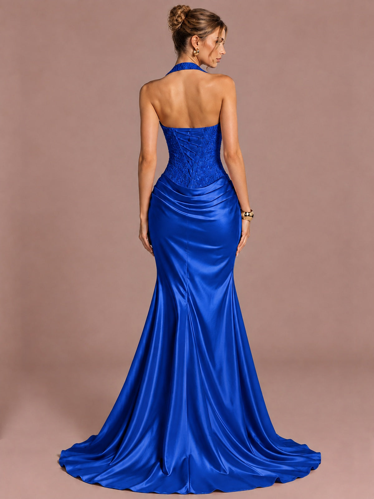 Sparkling Halter Corset Satin Mermaid Prom Dress