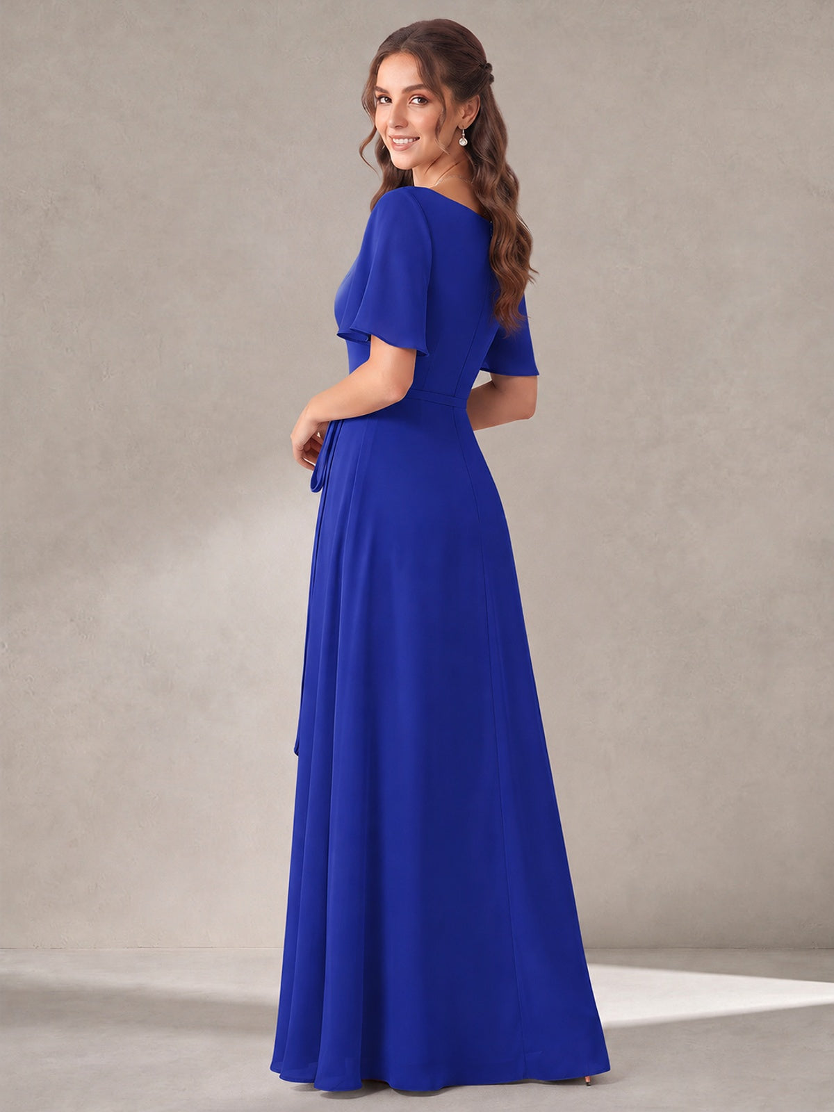 Scoop Neck A-line Chiffon Bridesmaid Dress with Flutter Sleeve & Belt