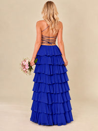 Ruffled Tiered Chiffon Prom Dress Spaghetti Straps Formal Maxi Dress with Slit