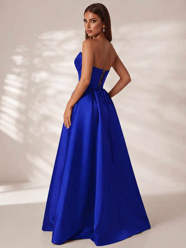 Strapless Corset Satin Prom Dress Long Evening Gown with High Slit