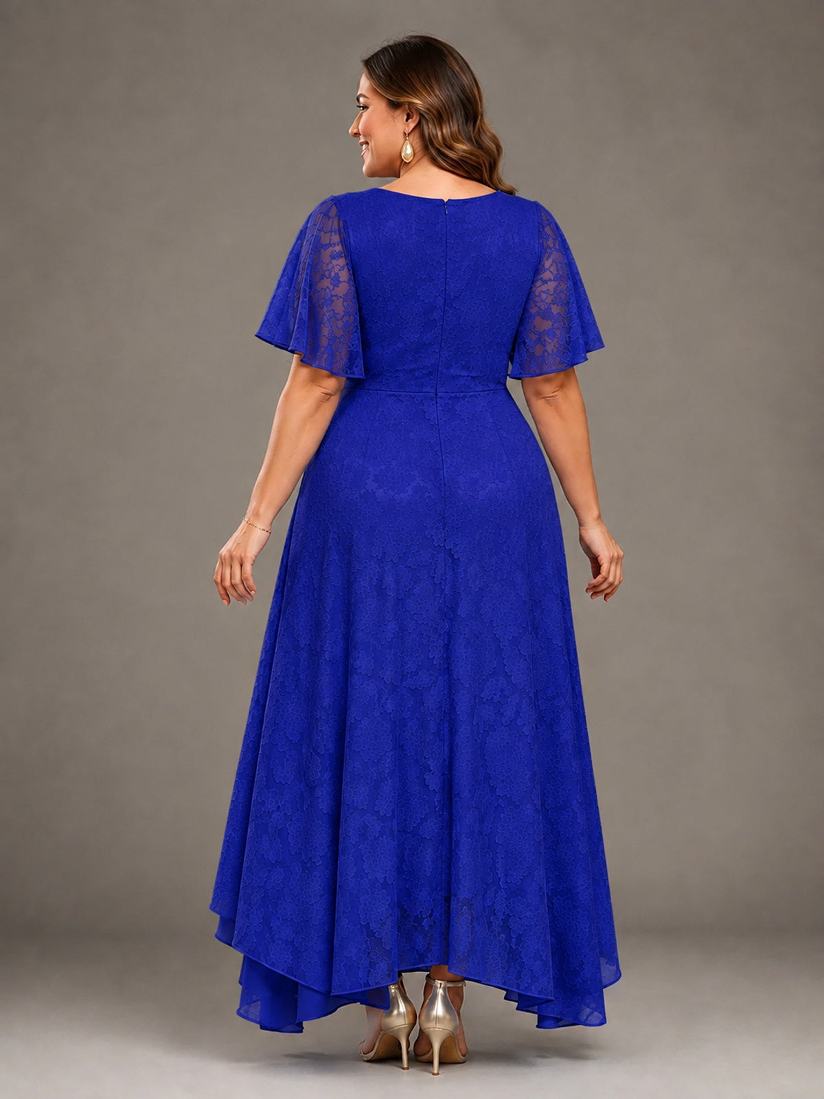 Jacquard Chiffon A-Line V-Neck High-Low Mother of the Bride Dress