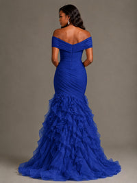 Pink Off-the-Shoulder Mermaid Prom Dress with Ruffles 3D Flowers
