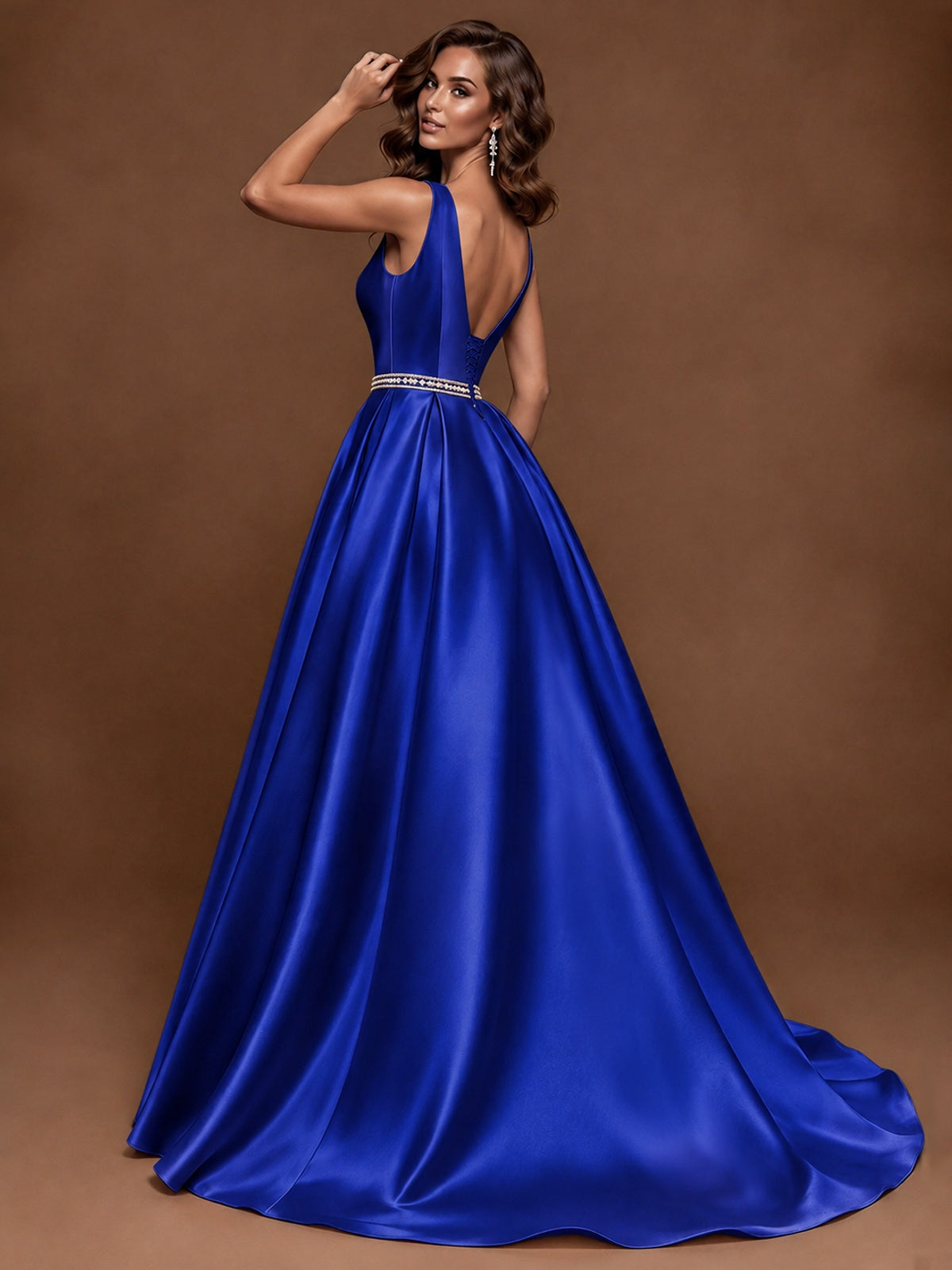 Satin A-Line Prom Dress Sleeveless Beaded Waist Formal Gown with Pockets