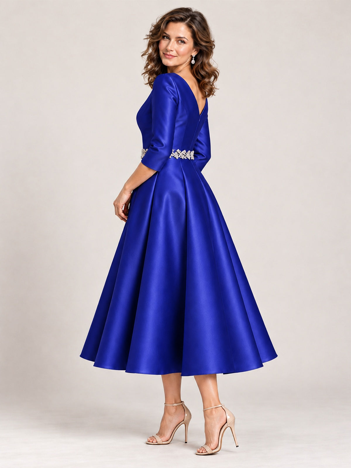 V-Neck Tea-Length Mother of the Bride Dress with Embellished Waist