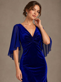 Navy Blue Velvet V Neck Mermaid Formal Dress with Flutter Cape Sleeves