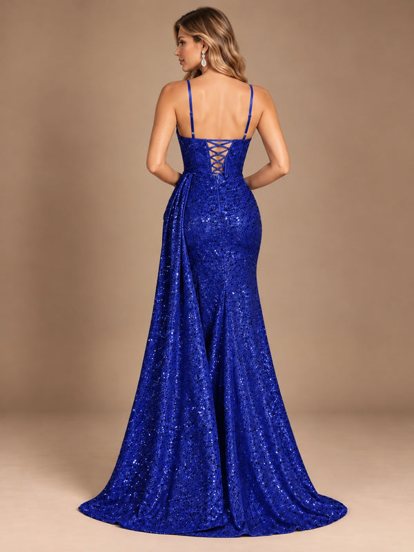 Burgundy Sequin Corset Prom Dress with High Slit