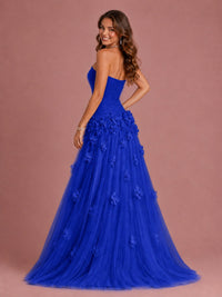 Blush Pink Strapless Sweetheart 3D Floral Tulle Ball Gown Prom Dres