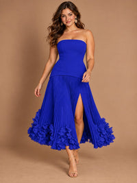 Navy Blue Strapless Pleated A-Line Midi Dress with 3D Floral Applique