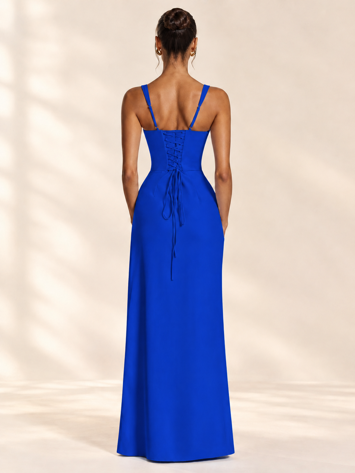 Square Neck Satin Sleeveless Ruched Prom Dress with High Slit