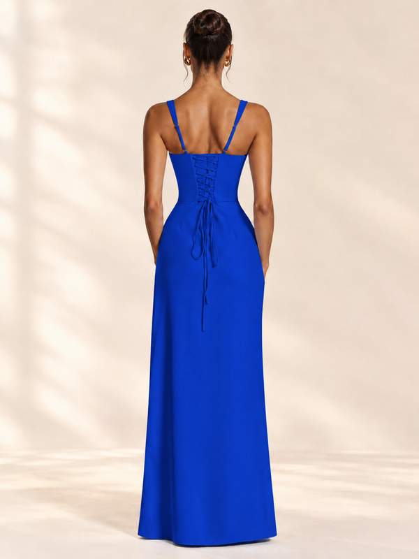 Square Neck Satin Sleeveless Ruched Prom Dress with High Slit