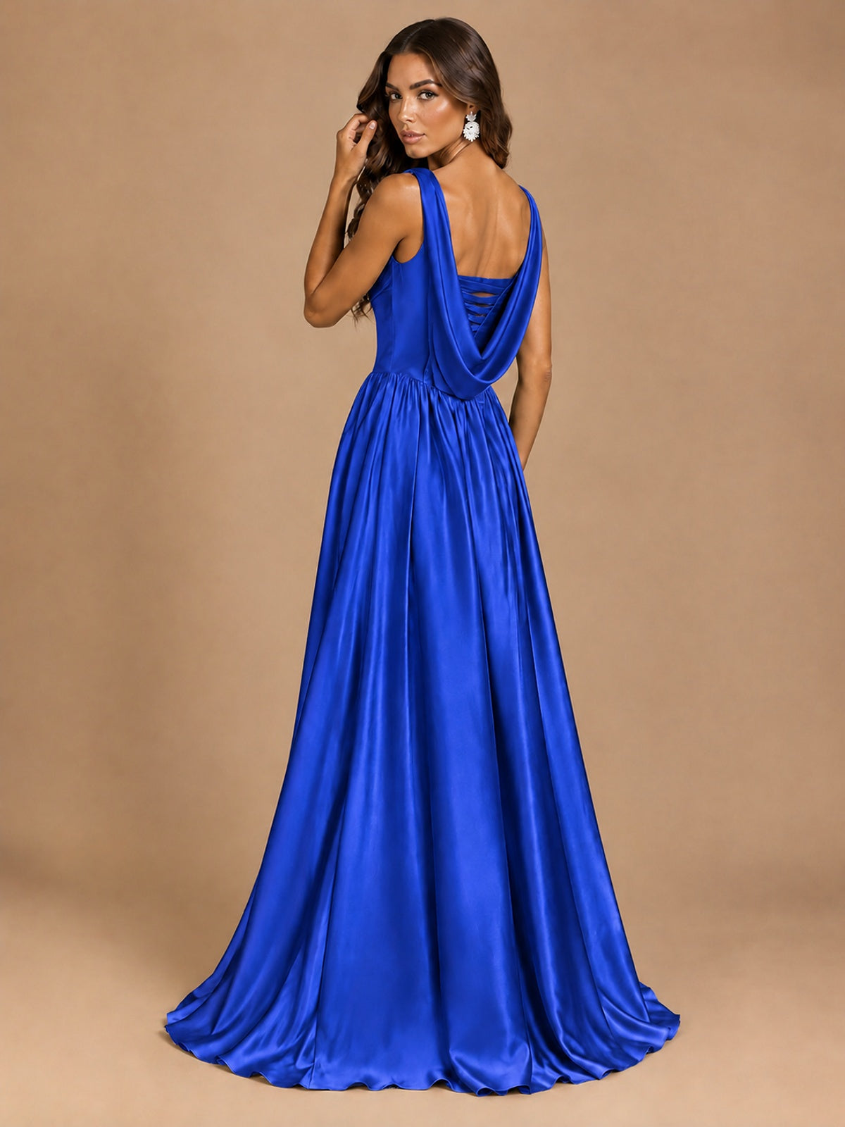 Cowl Neck Pleated Satin Prom Dress with Pockets & Slit Maxi Formal Gowns