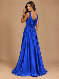 Cowl Neck Pleated Satin Prom Dress with Pockets & Slit Maxi Formal Gowns