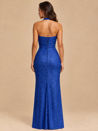 Halter V-Neck Sequin Mermaid Prom Dress with High Slit