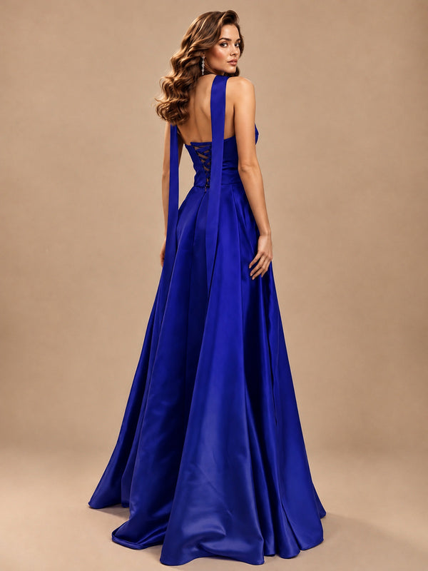 Strapless Prom Dress Side High Slit A-line Formal Dress with Scarf
