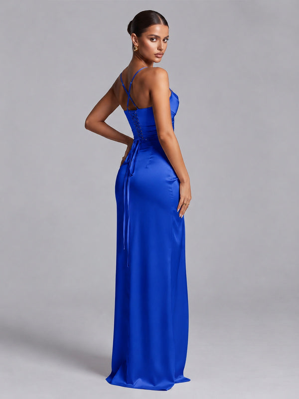 Square Neck Satin Long Prom Dress with Ruffles