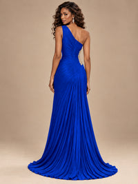 Burgundy One Shoulder Ruched Prom Dress with High Slit & Beaded Waist