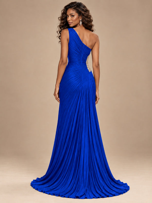 Burgundy One Shoulder Ruched Prom Dress with High Slit & Beaded Waist