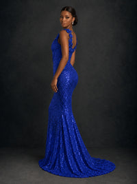 Gold Sequin Floral Applique Mermaid Prom Dress