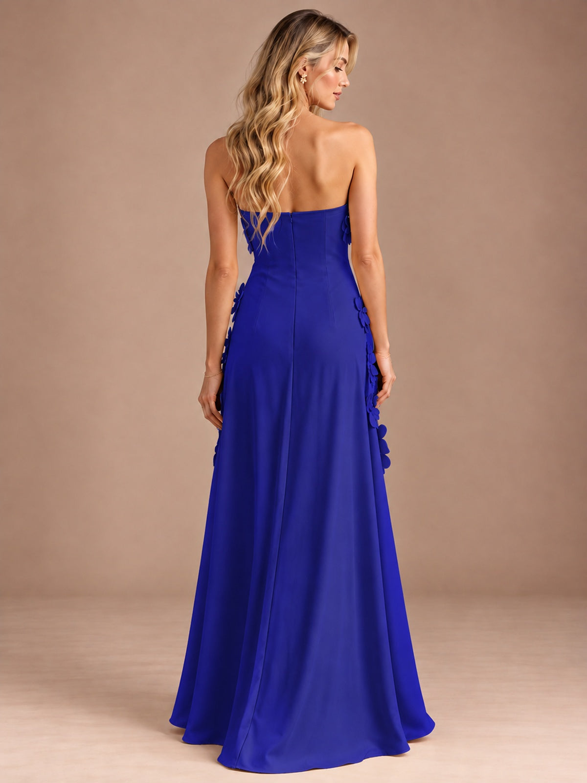 Yellow Strapless A-line Satin Maxi Dress with 3D Floral