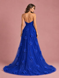 3D Floral Applique Strapless Tulle Prom Dress with High Slit