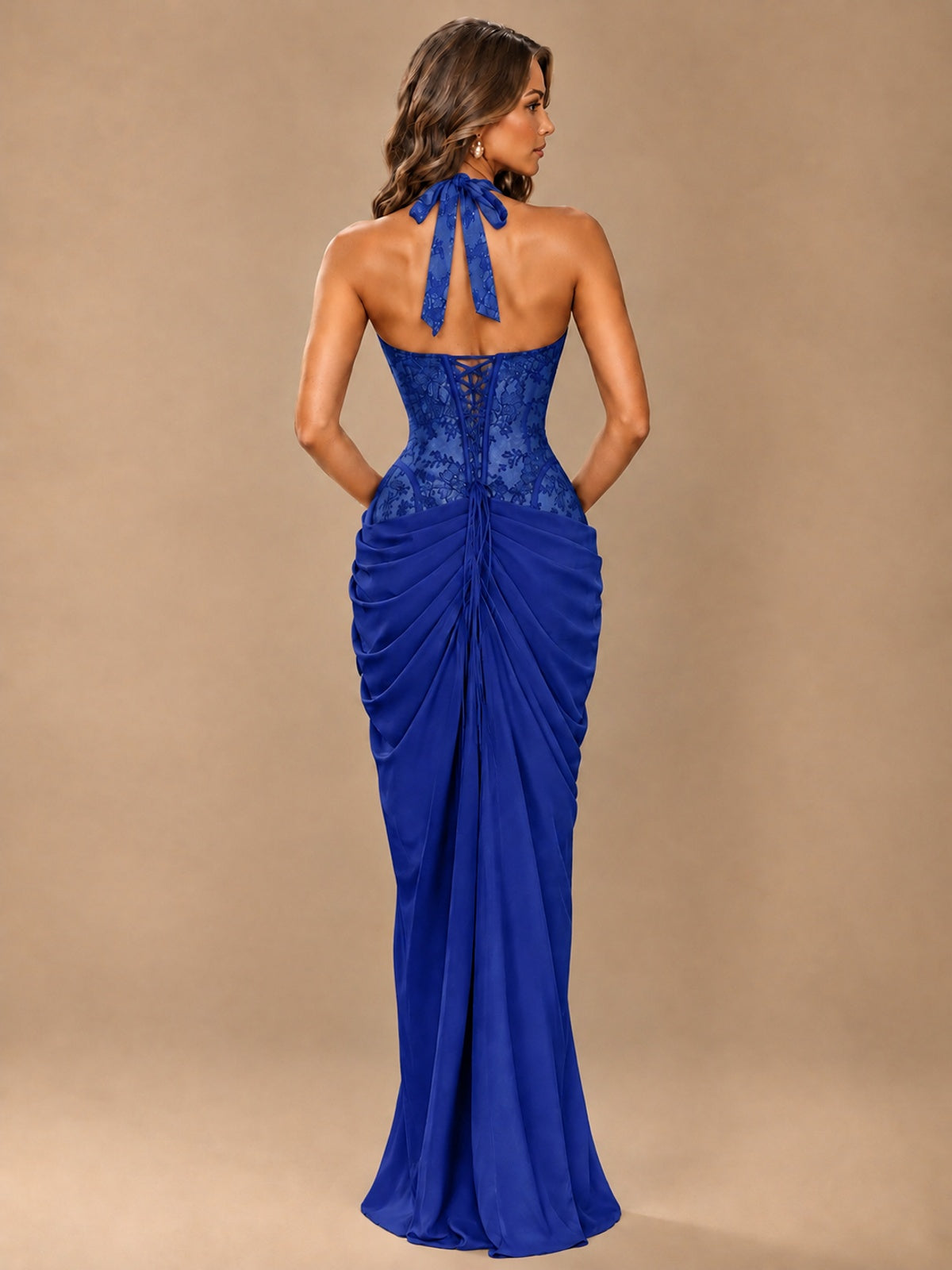 Sweetheart Halter Prom Dress Pleated Lace Floral Formal Dress with Slit