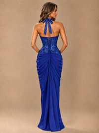Sweetheart Halter Prom Dress Pleated Lace Floral Formal Dress with Slit