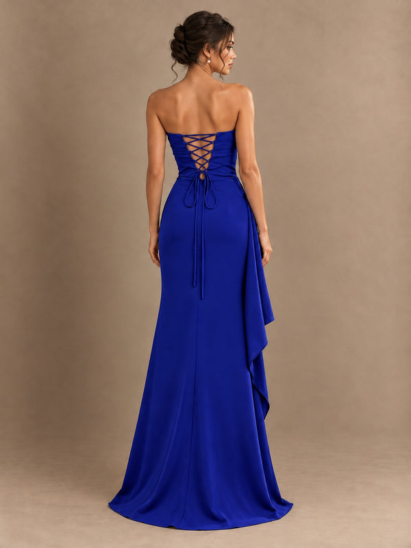 Black and White Strapless Ruched Prom Dress with High Slit & Side Drape