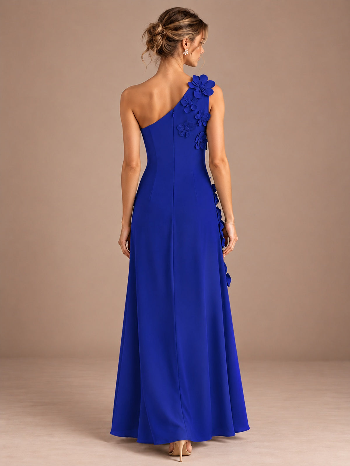 Sage Green One Shoulder Satin Formal Maxi Dress with 3D Floral