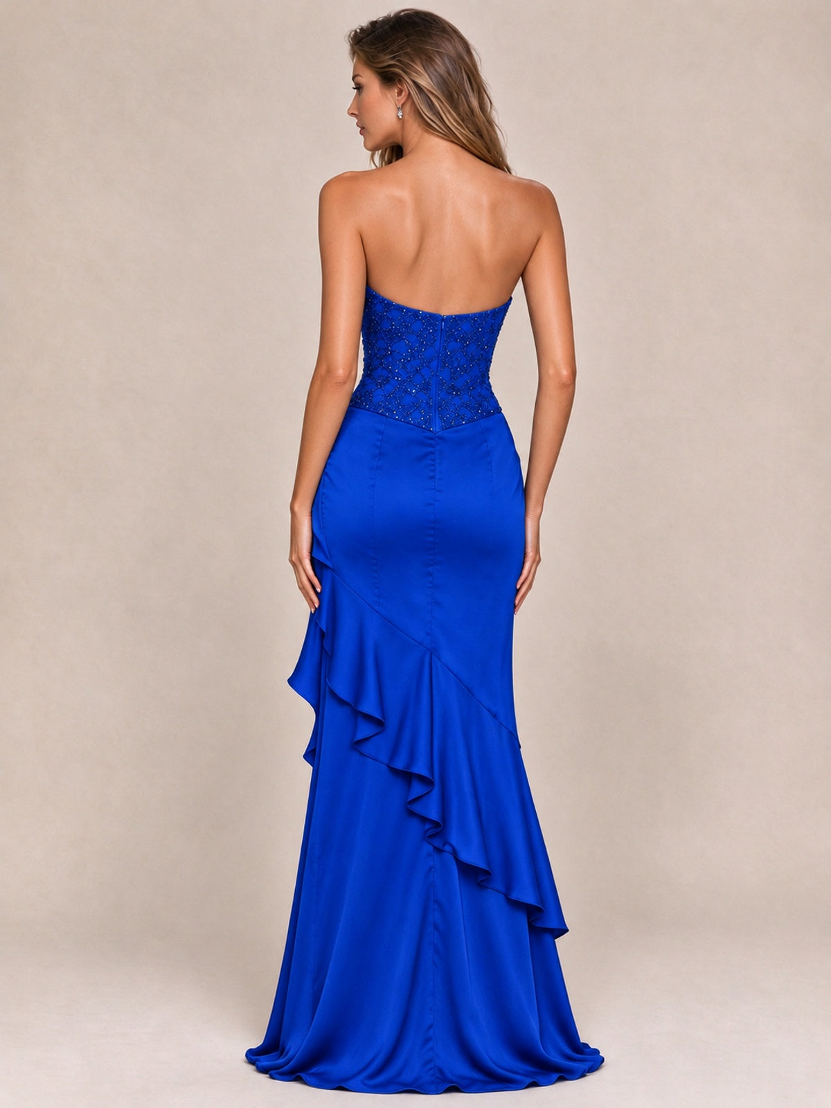 Strapless Lace Appliques Corset Satin Prom Dress Ruffle Slit Evening Gown