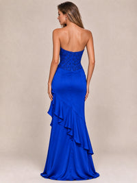 Strapless Lace Appliques Corset Satin Prom Dress Ruffle Slit Evening Gown