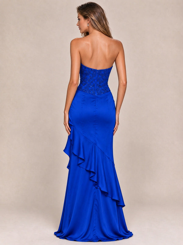 Strapless Lace Appliques Corset Satin Prom Dress Ruffle Slit Evening Gown