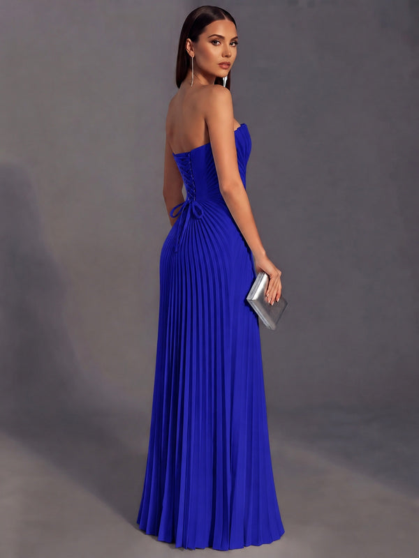 Strapless A-line Long Pleated Satin Prom Dress