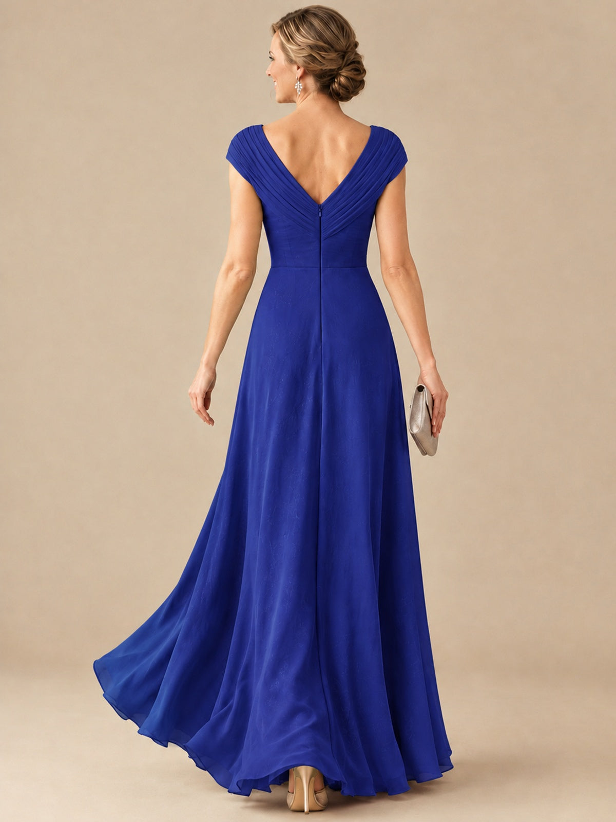 Pleated Chiffon Lace Mother of The Bride Dresses with Beading Cap Sleeves