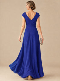 Pleated Chiffon Lace Mother of The Bride Dresses with Beading Cap Sleeves