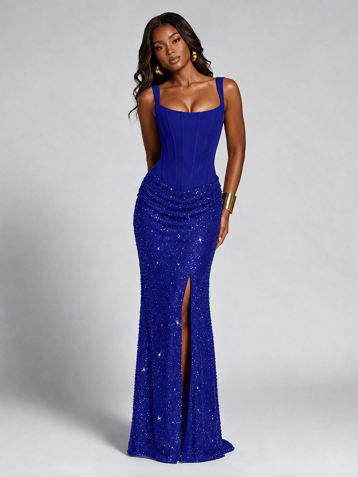 Sequin Corset Mermaid Prom Dress with Square Neck Wide Strap High Slit