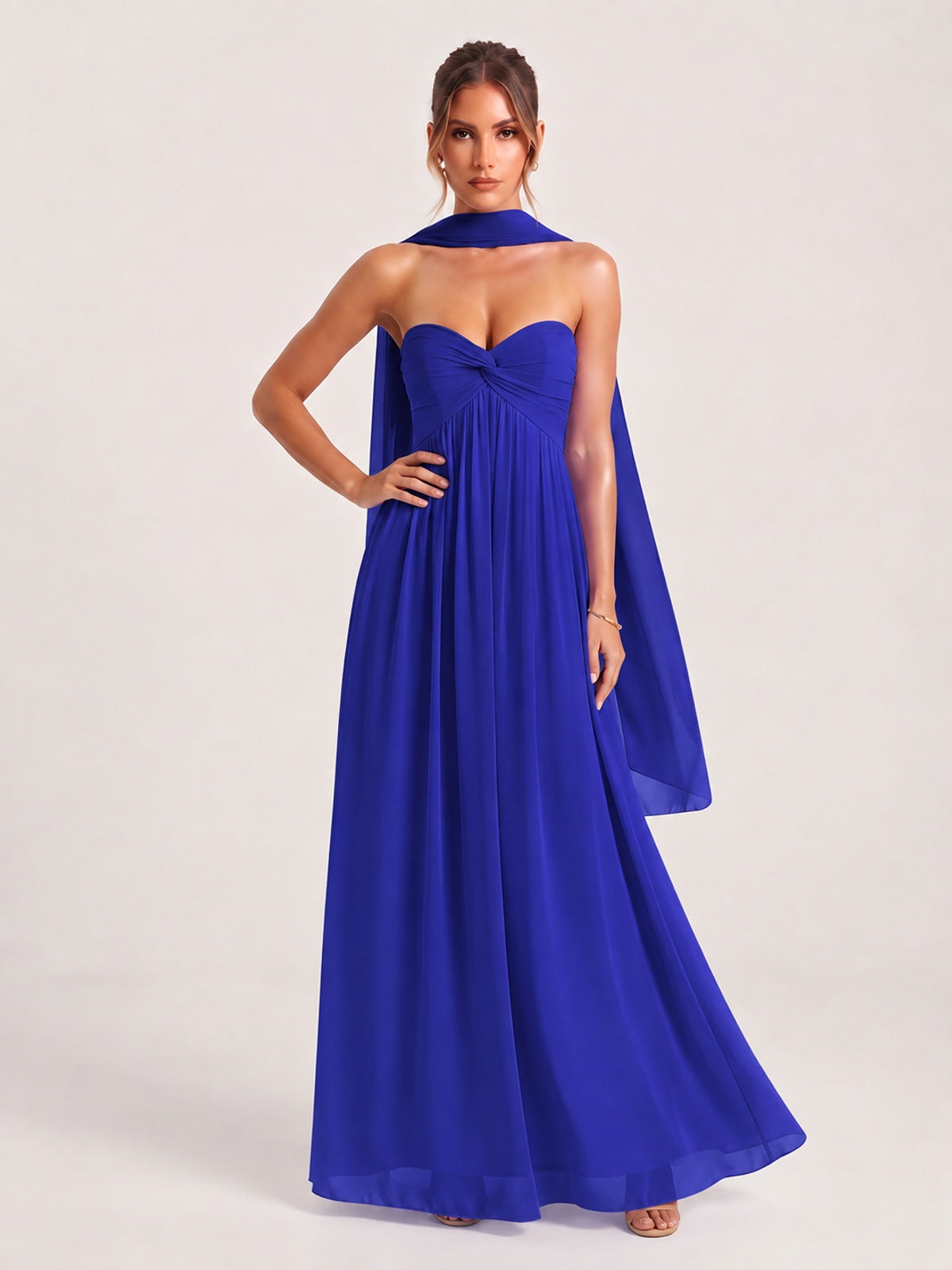 Strapless Ruched Chiffon Long Prom Dress with Scarf