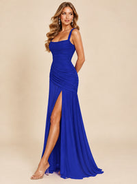 Wrap Pleated Prom Dress Scoop Neck with Slit Women Wedding Formal Dress