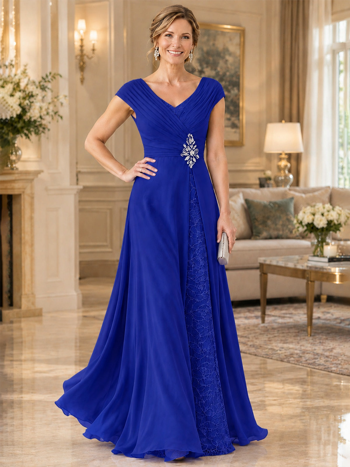 Pleated Chiffon Lace Mother of The Bride Dresses with Beading Cap Sleeves