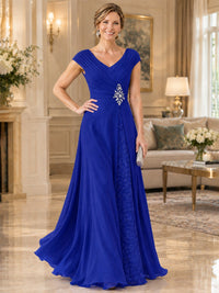 Pleated Chiffon Lace Mother of The Bride Dresses with Beading Cap Sleeves