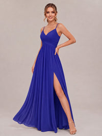 V-Neck Pleated Chiffon Long Bridesmaid Dress with Slit