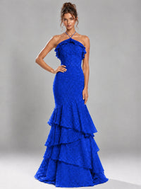 Halter Tiered Mermaid Prom Dress with Sparkly Lace