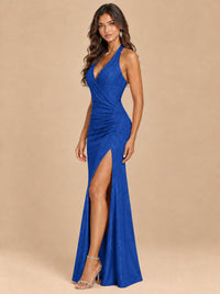Halter V-Neck Sequin Mermaid Prom Dress with High Slit