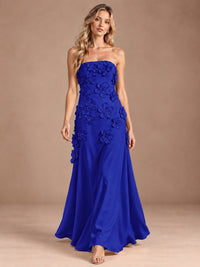 Yellow Strapless A-line Satin Maxi Dress with 3D Floral