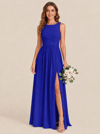 A-line Sleeveless Rucehd Chiffon Bridesmaid Dress with High Slit