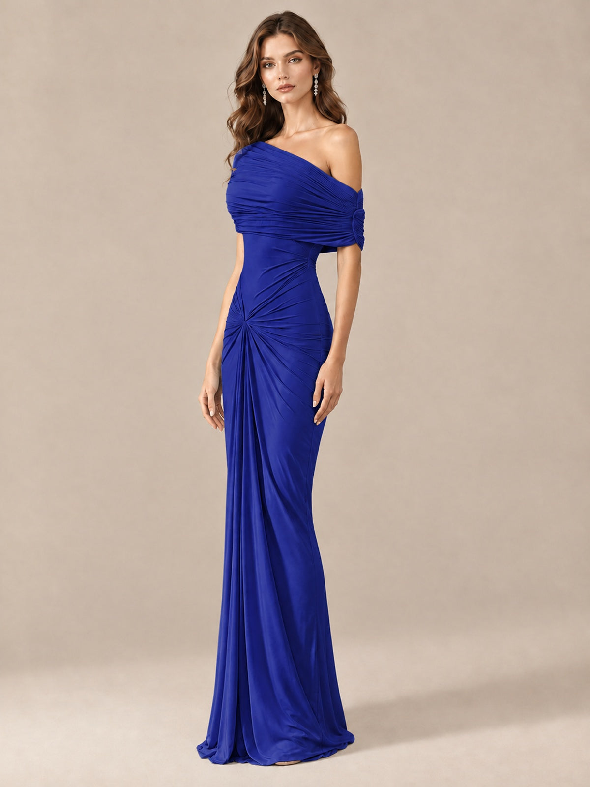 Elegant Draped Off Shoulder Ruched Mermaid Chiffon Formal Evening Gown
