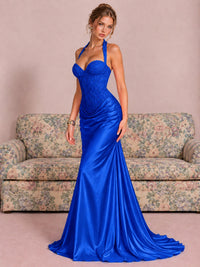 Sparkling Halter Corset Satin Mermaid Prom Dress